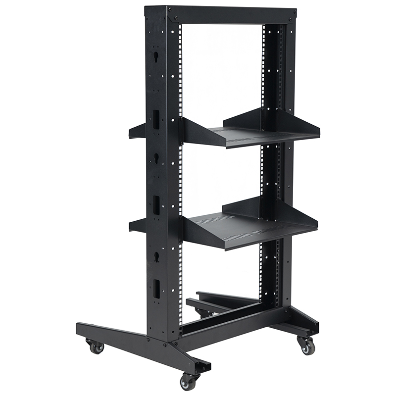 Rack aberto padrão de 2 colunas com prateleira cantilever preta 18U-47U