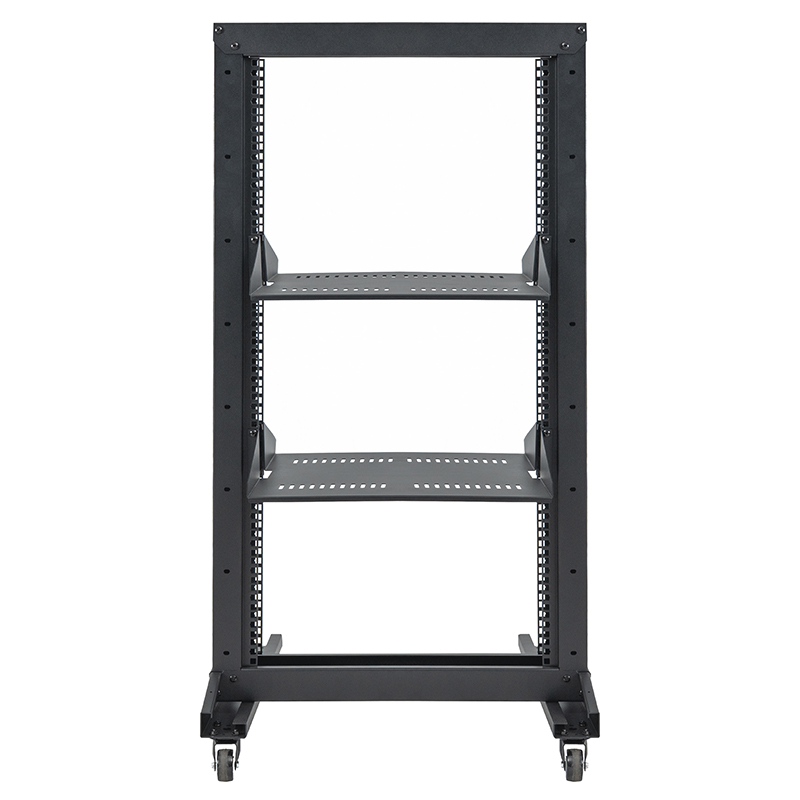 Rack aberto padrão de 2 colunas com prateleira cantilever preta 18U-47U